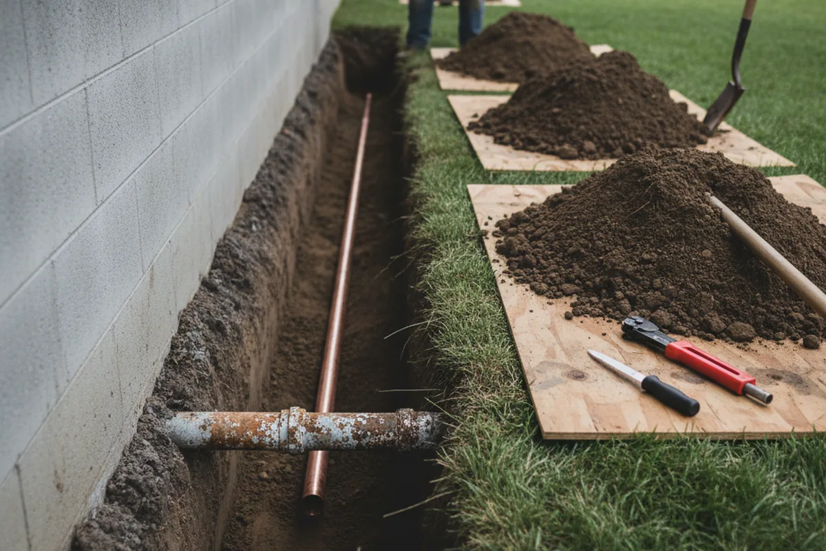 Excavated water line trench during Sewer Line Repair in Cotuit